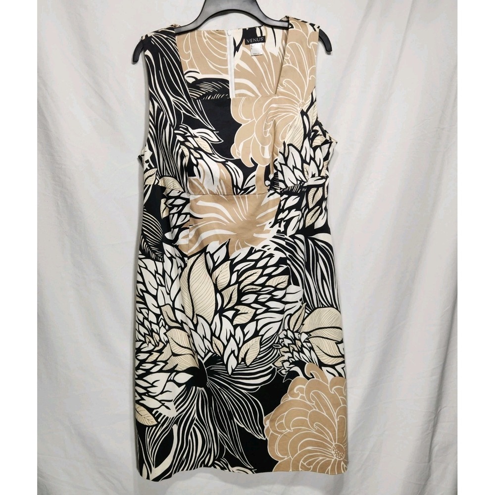 Venus Beige Black Multi Floral Stetch Cotton Sleeveless Sheath Size 14